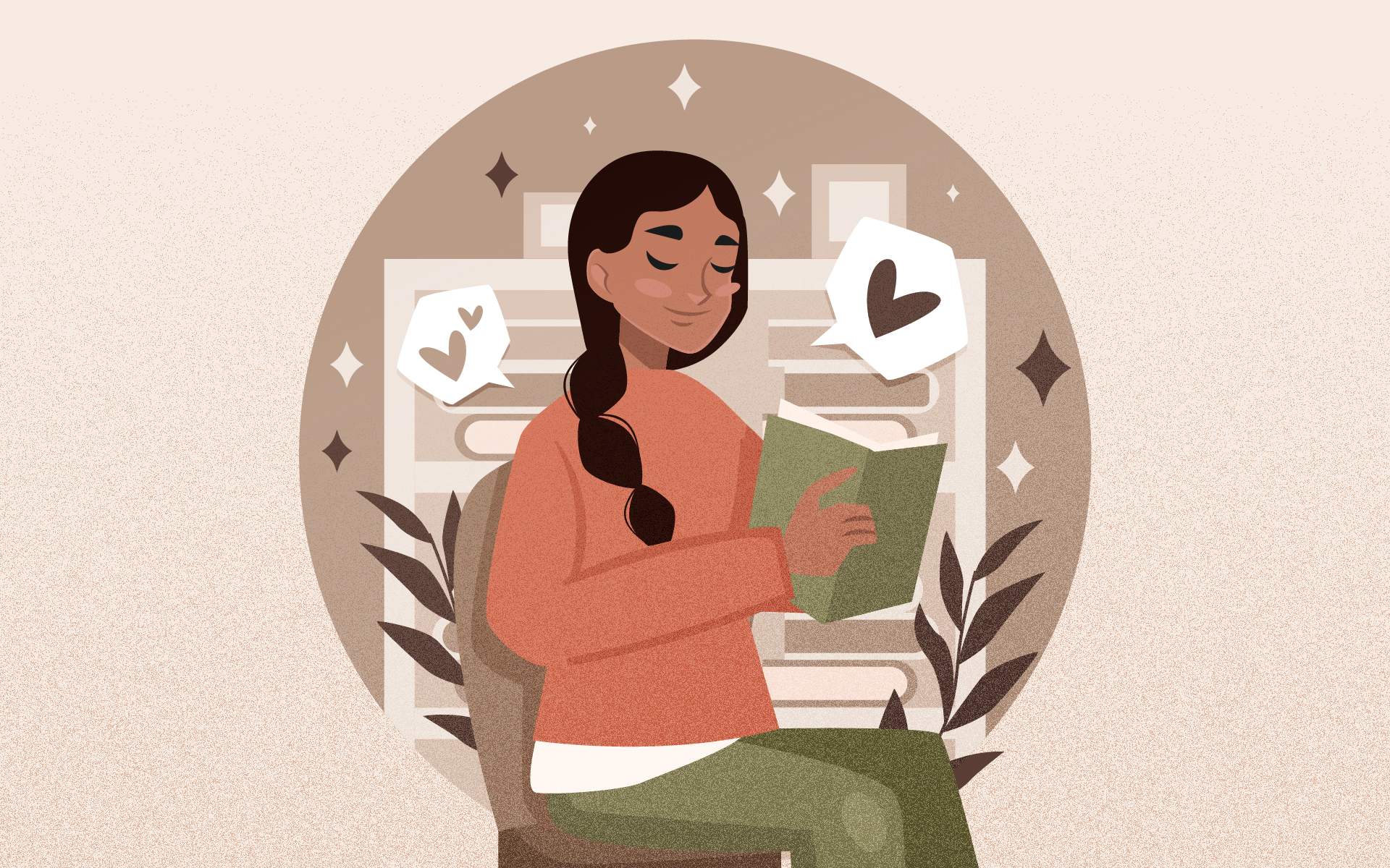 Illustration of a person with long, dark hair braided to one side, sitting and reading a green book. The background features a soft beige tone with abstract bookshelves, plants, and sparkling decorative elements. Speech bubbles with heart icons convey a sense of warmth and mindfulness.