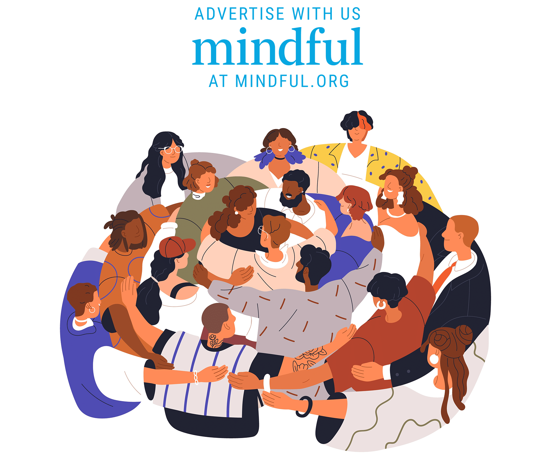 Illustration of Diverse people group in circle, hugging together.