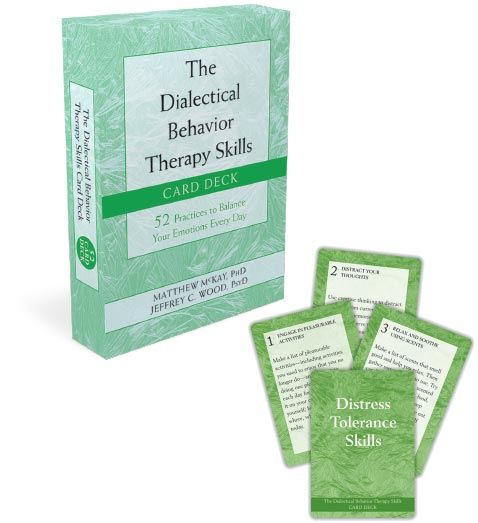 The Dialectical Behavior Therapy Skills Card Deck image of box and sample cards