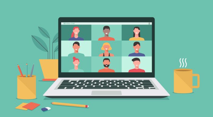 illustrated video chat with 9 people on a laptop