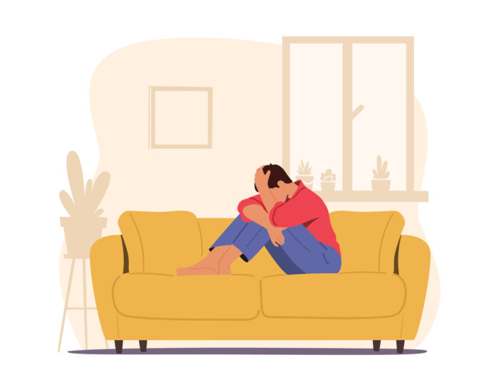 Despair, Frustration, Life Problems Concept. Young Depressed Upset Man Character Sitting on Couch Covering Face Crying