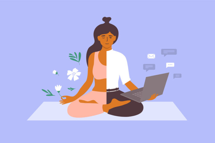 Vector illustration of work life balance concept with business woman meditating on yoga mat holds laptop and flower in hand