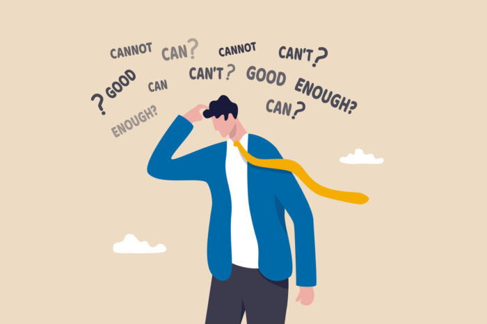 Self doubt, imposter syndrome or personal incompetence, confusion or no confidence to make decision or not good enough thinking concept, self doubt businessman thinking if he can or cannot make it. Questions are surrounding his head