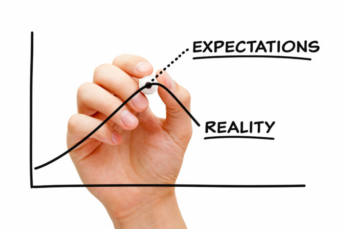 hand holding a black marker and drawing an Expectations vs Reality Business Graph Concept