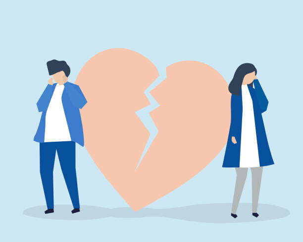 Character illustration of a broken up couple with a broken heart behind them