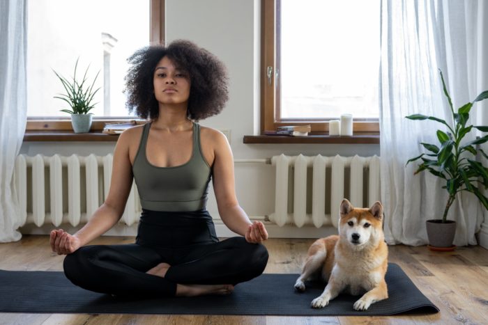 person doing a sitting yoga pose on a mat with a dog laying next to them