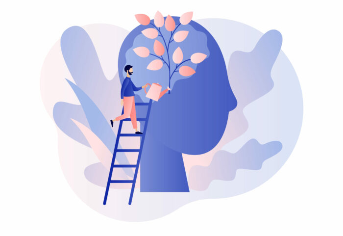 Personal growth. Tiny man watering that growing plant from the brain as metaphor growth personality. Self-improvement and self development concept. Modern flat cartoon style. Vector illustration